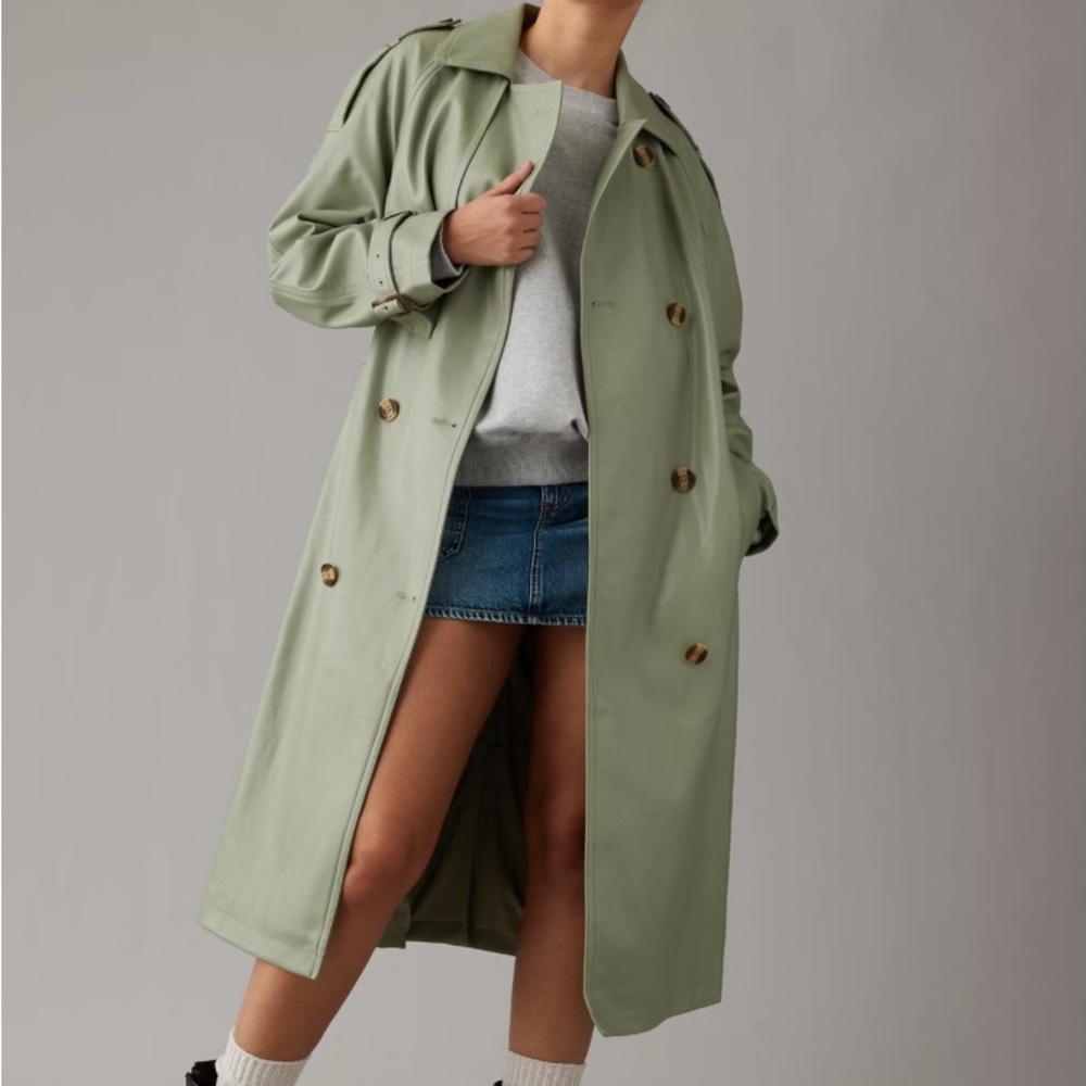 American Eagle~Stylish Sage Green Long Trench Coat~Size S~NWT